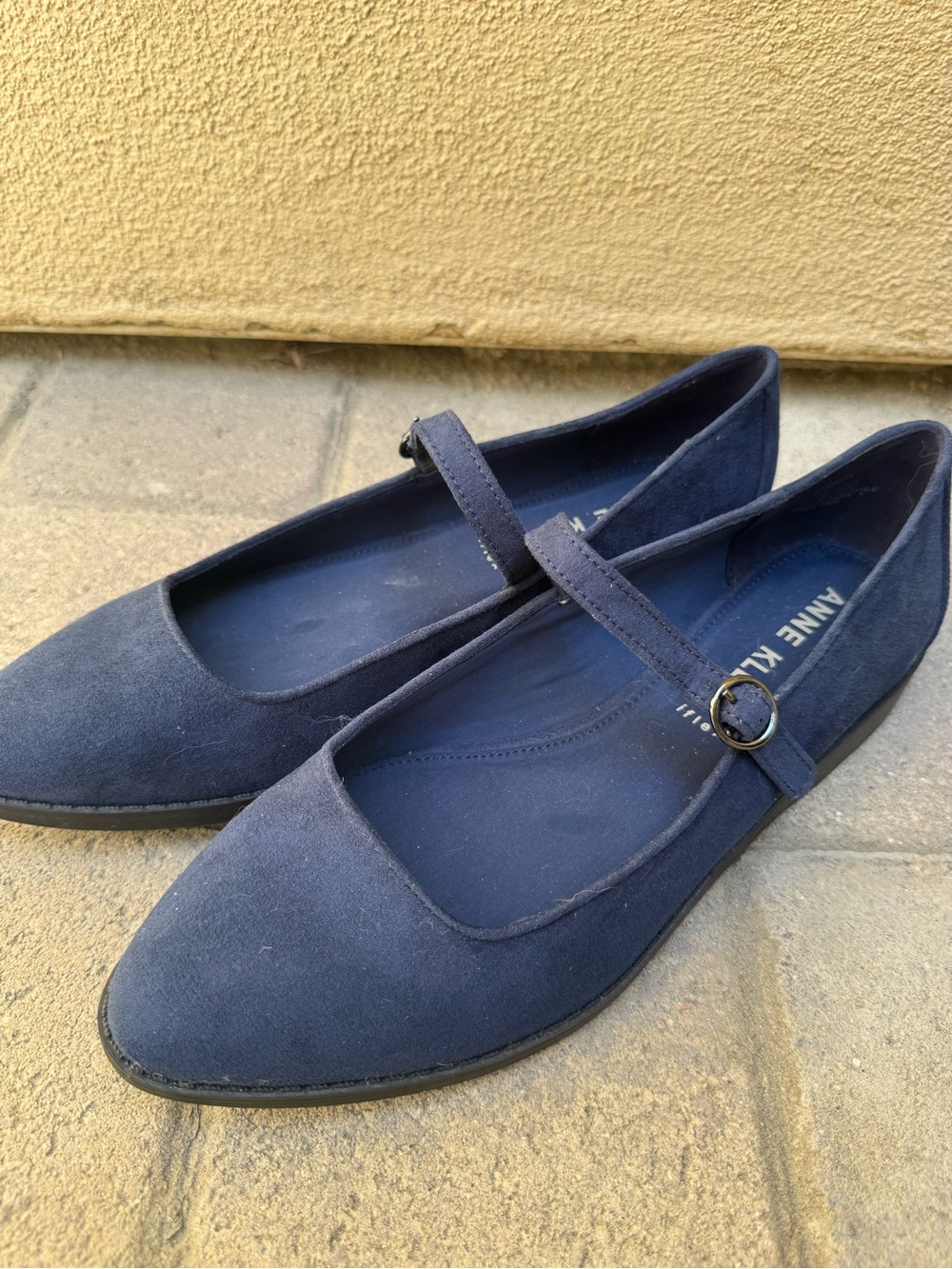 Anne Klein Navy Suede Mary Jane Flats with Buckle